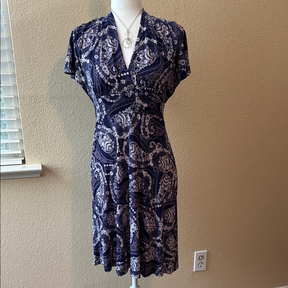 Veronica M Navy and White Paisley Midi Dress